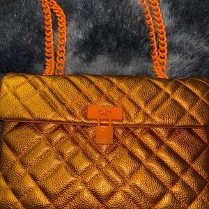 Orange Diamond-Pattern Quilted Shoulder Bag